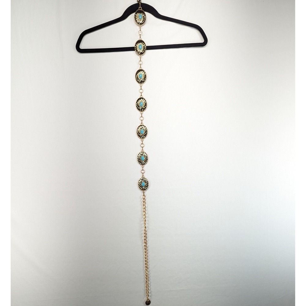 Michael Kors Gold Turquoise Sunburst Medallion Chain Belt MK8184 Western Boho